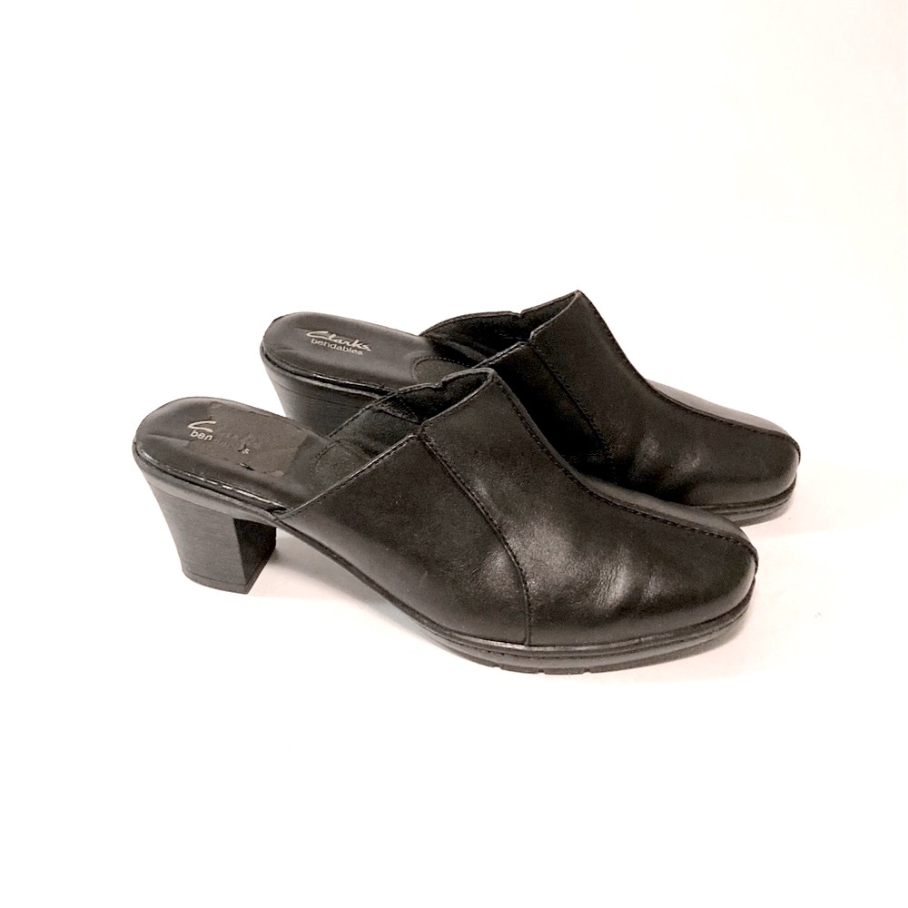 Clarks Bendables Black Genuine Leather Heeled Mules size 10